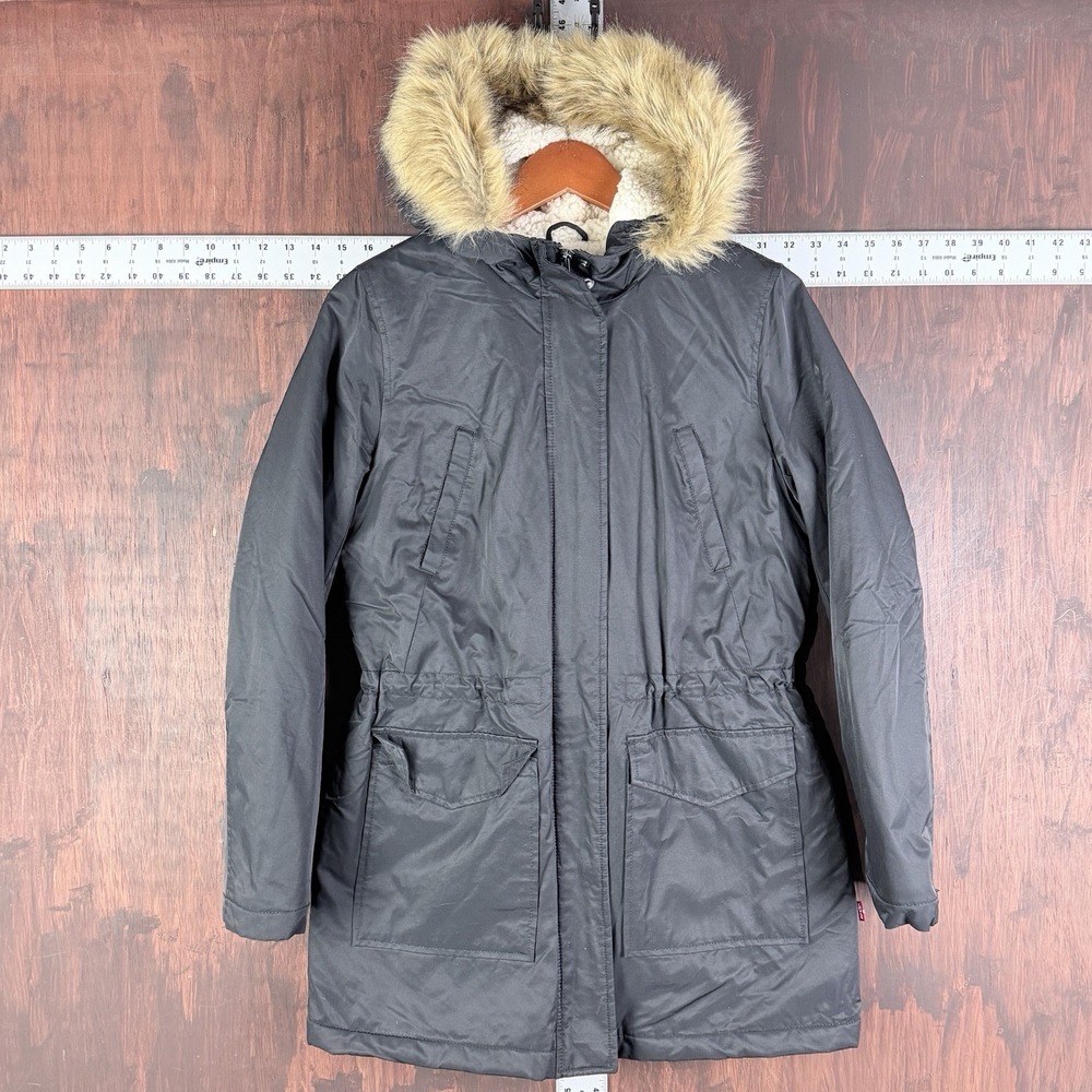 Levi's Coated Cotton Parka with Bunny Sherpa and Faux Fur Hood Black Women Small
